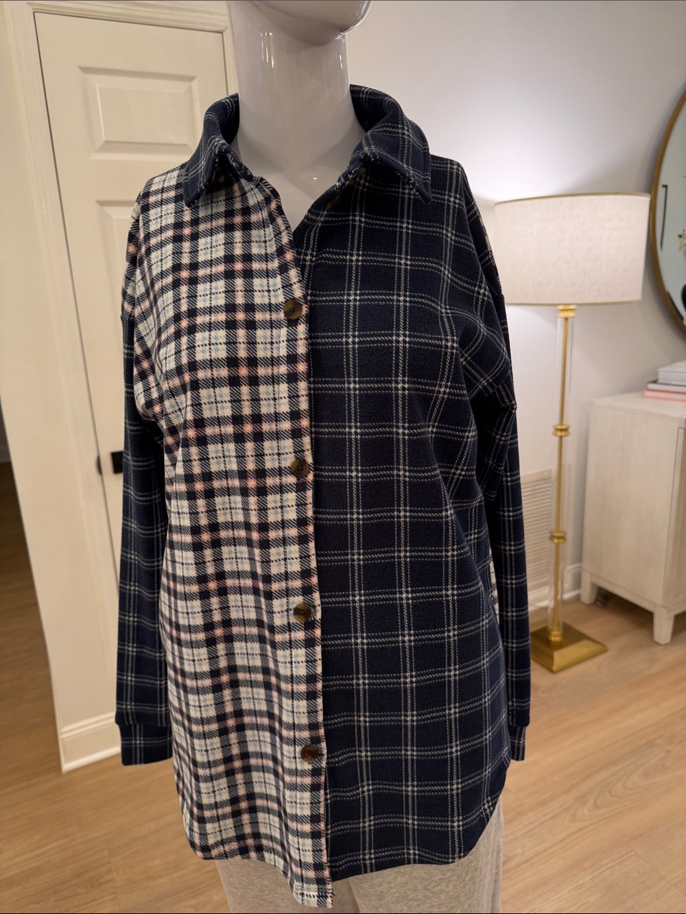 Cuddl Duds Split Plaid Button-Down Shirt in Navy and Cream with Pink Accents